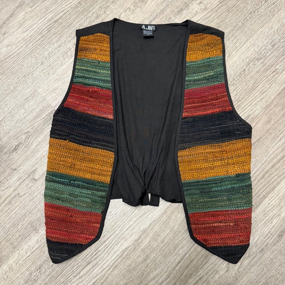 AJNY Woven Leather Vest Medium Earth Tone Striped Boho‎ Open Front Tie Back - Picture 5 of 11
